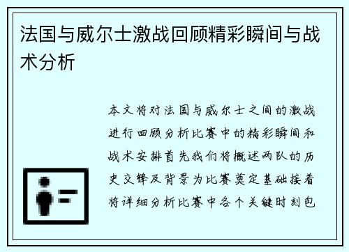 法国与威尔士激战回顾精彩瞬间与战术分析